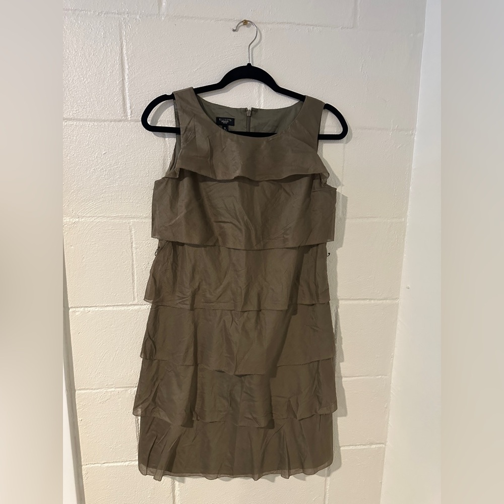Talbots Olive Sheath Midi Tiered Ruffle Cotton Dress 6 M